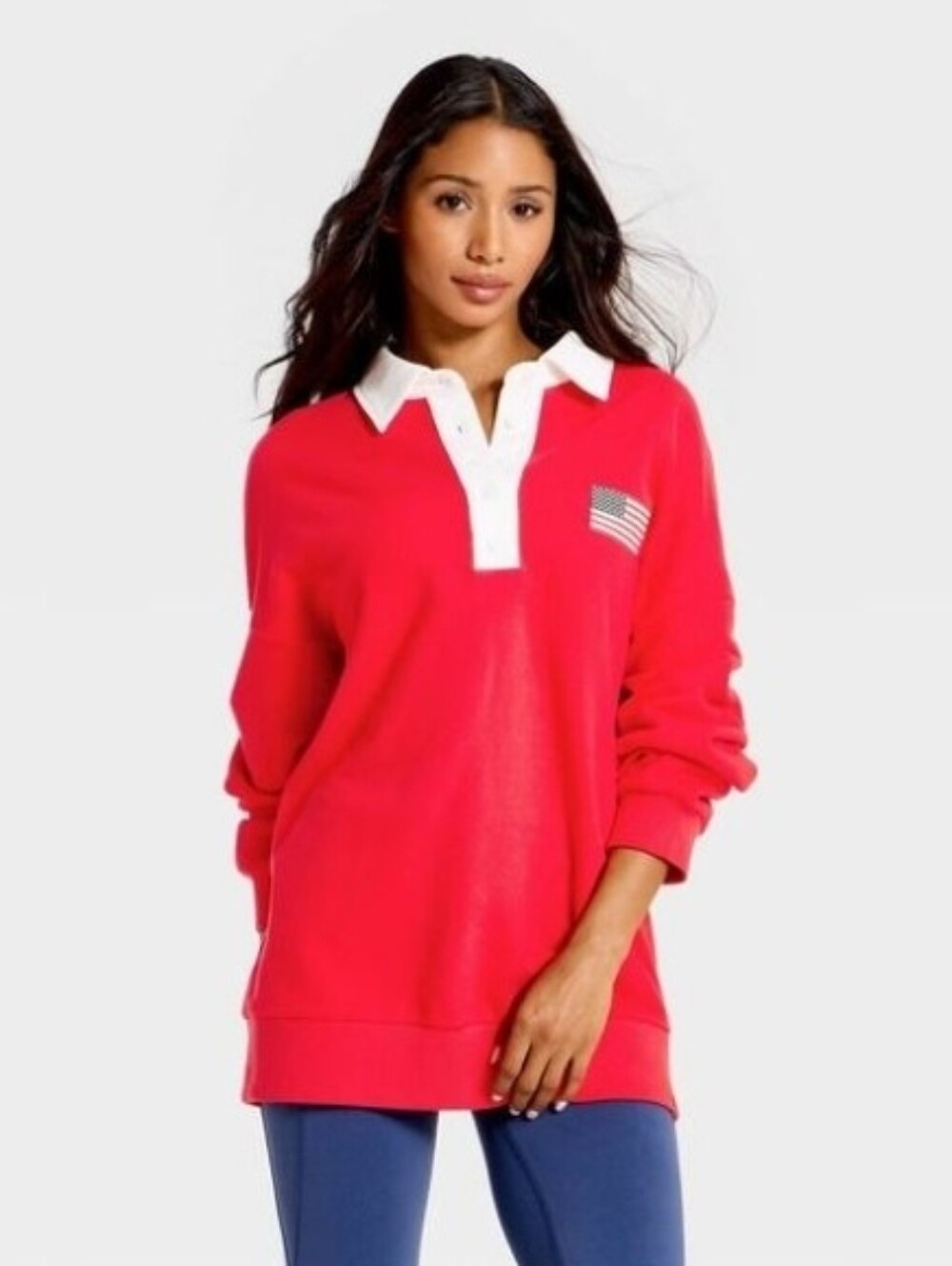 JoyLab Women's Americana French Terry Polo Sweatshirt OversizedFit, Red Size M